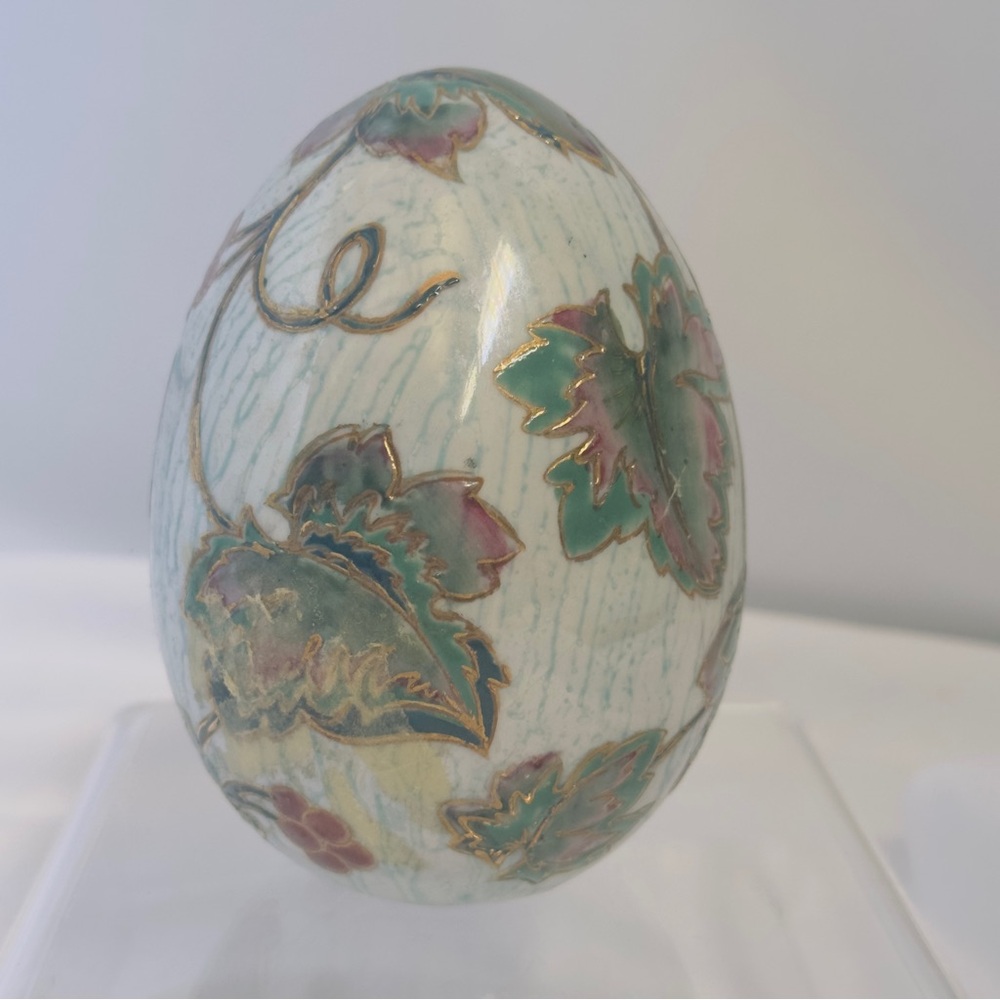 Vintage Cloisonne Style Ceramic Porcelain Egg Flat Bottom Raised Relief Gilt